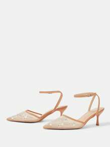 CUCCOO HITCHD Women's Shiny Crystal Pointed Toe Wine Glass Heel Elegant Romantic Apricot Mesh Upper High Heel Pumps, New Bride Wedding Party Dress Shoes, Ankle Strap Fashion Gala Evening Wear - Khaki - View 8