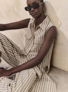 Ontre 2025 年新乡村音乐节，舒适休闲风格，编织条纹，棕色，无袖，贴袋，长衬衫，女式衬衫，日常穿着，四季通用，舒适休闲装，休闲装，商务休闲女式办公室，低调复古风，高品质，城市通勤，高端机场时尚，优质材料 - 棕色 - 查看 5