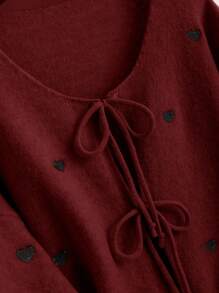 SHEIN CURVE+ 大码休闲心形刺绣系带开衫夏季/乡村/海滩度假装/沙滩装/沙滩装 - 紅色 - 查看 6