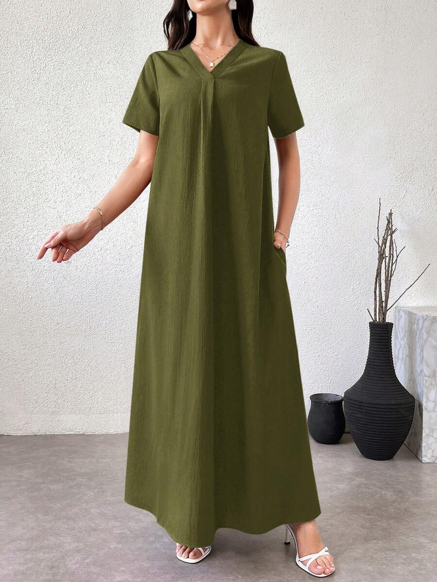 Al Najma 女士休闲纯色阿拉伯风格连衣裙 - 軍綠色 - 查看 1