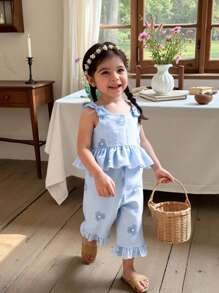 Souflis Souflis 2pcs/Set Toddler Girls' Spring/Summer Casual Countryside Holiday Cute Sweet Embroidered Blue&White Gingham Sleeveless Camisole Shirt & Straight Pants Set - Blue - View 6