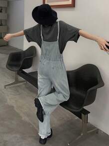 DAZY 女式松紧腰休闲牛仔背带裤，夏季街头风格工装裤 - 淺色水洗藍 - 查看 6