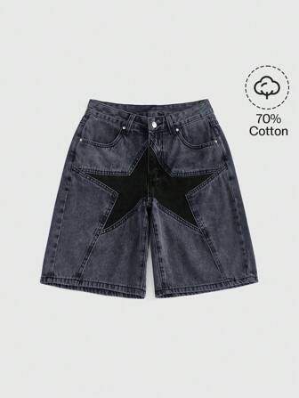 Grunge Punk Women's Casual Contrast Color Star Print Denim Shorts, Summer