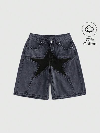 ROMWE Grunge Punk Women's Casual Contrast Color Star Print Denim Shorts, Summer