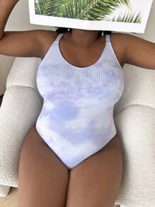 Slaydiva Plus Size Tie Dye Printed Round Neck Ribbed One-Piece Swimsuit,Summer,Bathing Suits,One Piece Bathing Suit - Mauve Purple - View 6