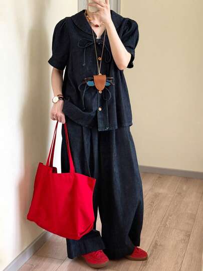 FRIFUL 女式牛仔套装，前系带泡泡袖，后褶裤，宽腿，宽松版型