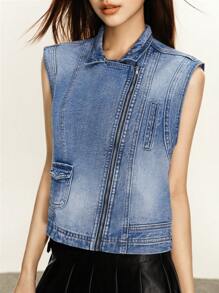 INAWLY Women's Retro Denim Zip Front Vest Jacket - Dark Wash - View 3
