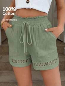 Easowa Pantalones cortos de algodón caqui con parches y cintura elástica para mujer, para primavera/verano