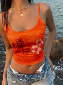Attitoon Tropical Holiday Style Sunset Orange Island Tie Dye Background, Tropical Floral Placement Print Women Cami Vintage Style, Casual Vacation Style, Sexy Style, Cute Y2K Coconut Girl Boho Music Festival, Suitable For Summer Suitable For Going Out - Multicolor - View 5