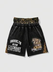 ROMWE MEN Street Life Men's Street Style Washed Leopard Patchwork Cargo Shorts With Double Waistband Design