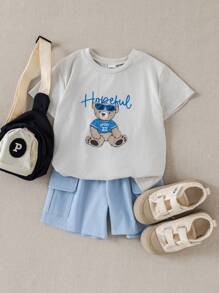 PrepCrw Kleine Jungen Collegestyle Bär Grafik Kurzarm T-Shirt und Shorts Set