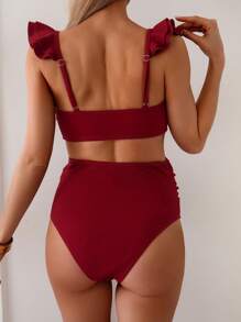 SHEIN 25SS Summer Beach Casual Vacation Ribbed Bikini Set - Red - View 2