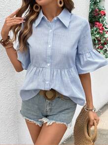 Chiquease قميص أزرار مخطط كاجوال للنساء بياقة منفرجة، صيفي