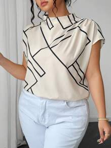 Elenzga Plus Size Women's Summer Asymmetrical Stripe Geometric Print Casual Sleeveless Stand Collar Loose Shirt Women Summer Clothing Summer Clothes Women Clothes Tops For Women Elegant Women Summer Shirts Women Plus Clothing Formal Women Plus Clothing Business Casual Tops For Women Women Blouses Elegant Shirts For Women Elegant - Apricot - View 3