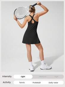 GLOWMODE FeatherFit™-Air No Sweat Peekaboo 内置短裤 侧袋 防滑可拆卸罩杯 可调节宽肩带 运动连衣裙 低冲击瑜伽 普拉提 Barre Studio 日常休闲装 - 黑色 - 查看 9