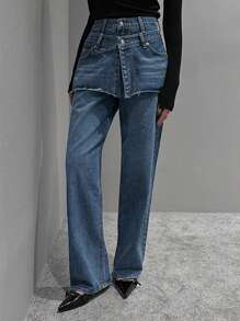 DAZY 女士仿牛仔二合一半裙，可叠穿长裤，四季皆宜的女士牛仔裤 - 中等水洗藍 - 查看 3