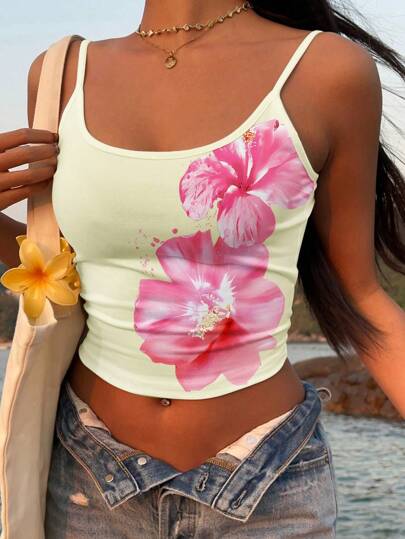SHEIN EZwear Retro Style Vacation Tropical Cream Yellow & Floral Print Sexy Spaghetti Strap Cami Top, Suitable For Summer Beach