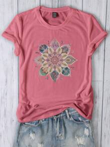 Kaos Kasual Slim Fit Motif Bunga Retro Cetak Musim Panas untuk Wanita - Redwood - View 3