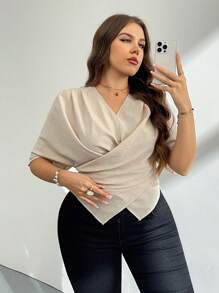 Firerie Plus Women's New Apricot V-Neck Short Sleeve Cross-Tie Blouse, Comfortable Linen-Like Fabric, Tie-Waist Shirt Top, Short Sleeve Blouse, Summer Shirt, Work Shirt, Commuter, Elegant, Casual, Holiday, Beach, Mother's Day, Teacher, Work Uniform Women Summer Woman Summer Formal Women Casual Top Women Summer Sets,Business Casual