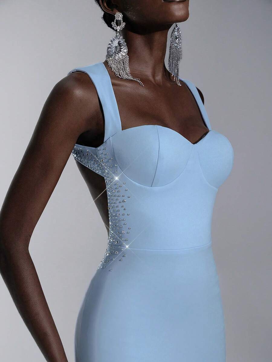 Elitara Đầm Maxi đuôi cá đính đá Rhinestone sang trọng hở lưng cổ vuông màu xanh nhạt gợi cảm thanh lịch, thích hợp cho kỳ nghỉ, hẹn hò, sinh nhật, tiệc độc thân, đám cưới, tốt nghiệp, vũ hội, dịp trang trọng - Màu xanh nhạt - Xem 1