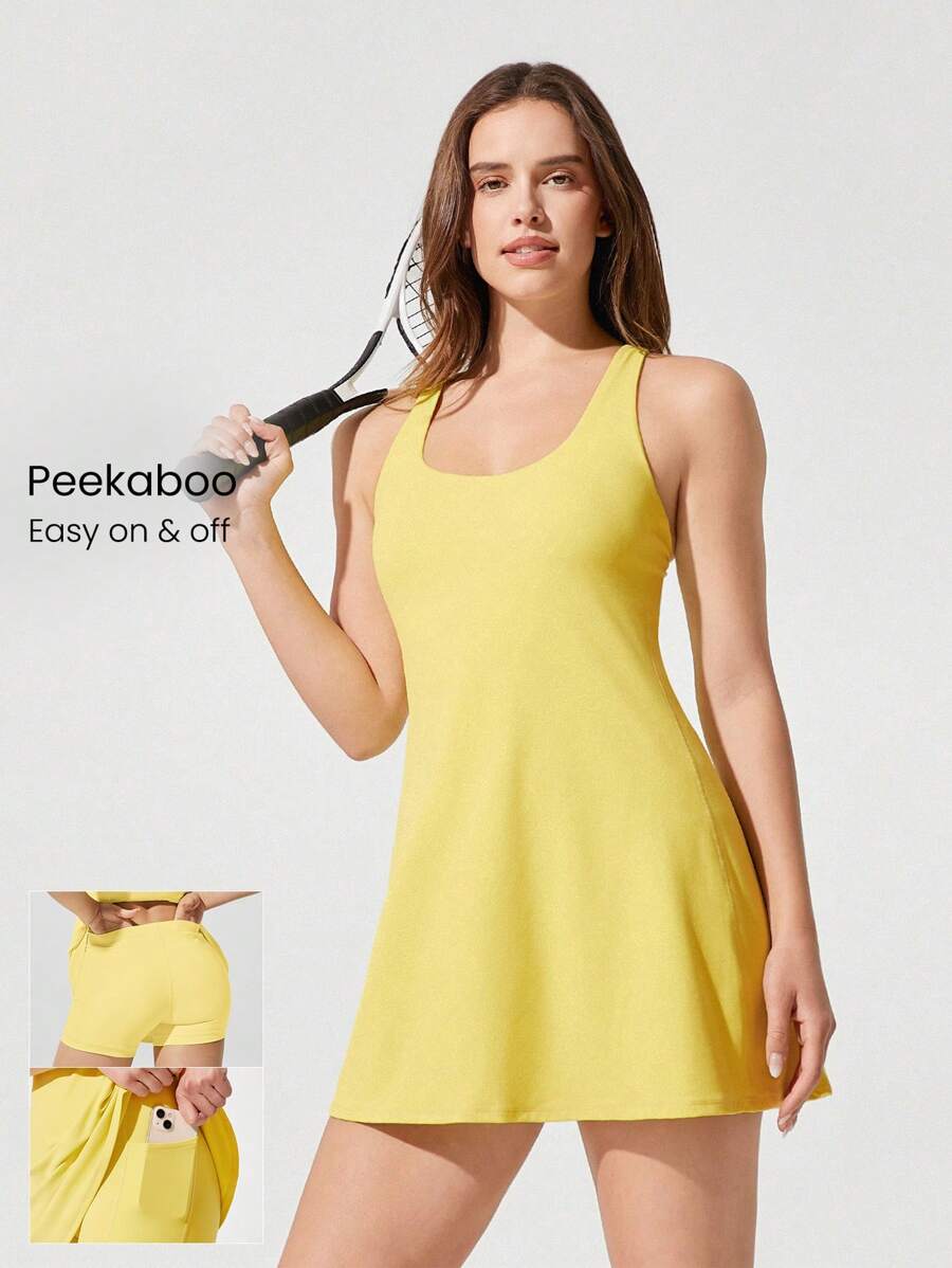 GLOWMODE FeatherFit™-Air Peekaboo 日常内置短裤口袋防滑连衣裙轻度支撑低冲击瑜伽工作室春季连衣裙夏季速干吸湿排汗