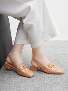 CUCCOO BIZCHIC 女士时尚链条带粗跟方头露跟浅口鞋，适合通勤、约会、派对、节日和度假 - 杏色 - 查看 4