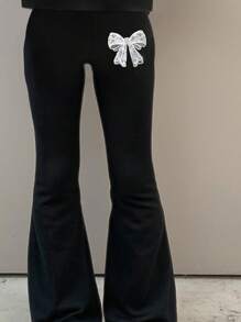 SHEIN Girlism 2pcs Tween Girl Casual Lace Bow Pattern T-Shirt And Long Pants Set, Suitable For Spring & Summer Summer Outfits - Black - View 5