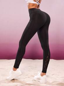 SHEIN Sports 女式高腰几何网眼拼接紧身裤 - 黑色 - 查看 3