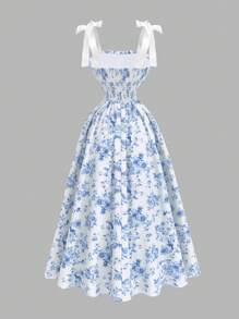 SHEIN MOD Vestido con estampado floral, cuello con volantes y lazo en los hombros para mujer - Azul y blanco - Ver 2