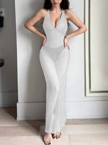 DAZY Sheer Silver Thread Blend Mesh Deep V Backless Sexy Nightgown - White - View 6