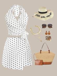 Flirla Conjunto de 2 piezas de short sin mangas con estampado de lunares en estilo francés casual para mujer talla grande, para verano