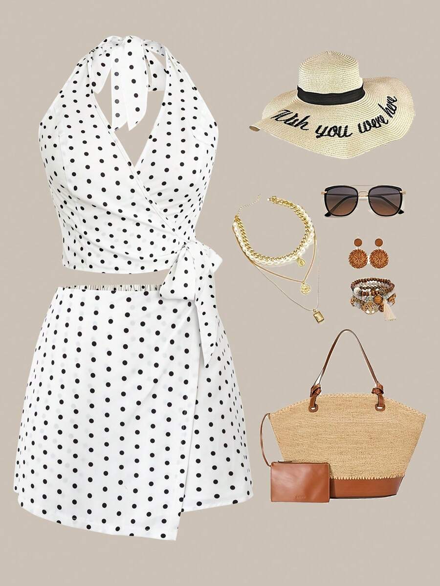 Flirla Conjunto de 2 piezas de short sin mangas con estampado de lunares en estilo francés casual para mujer talla grande, para verano