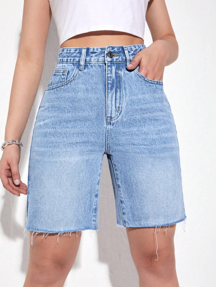 SHEIN Tall 女士休闲水洗高腰牛仔短裤，夏季 - 藍色 - 查看 1