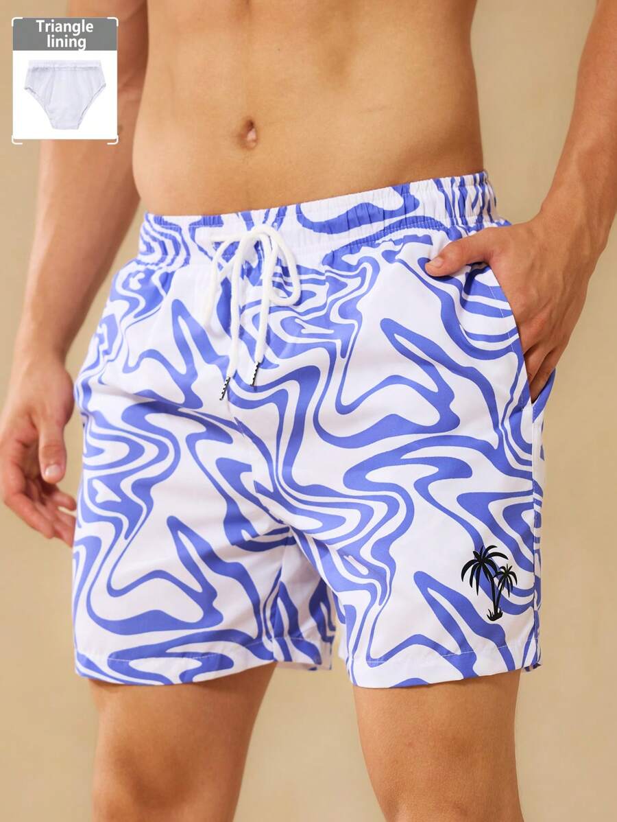 Surfspeed Men's Marble Print Drawstring Waist Loose Beach Shorts, Hawaiian - Blue and White - View 1