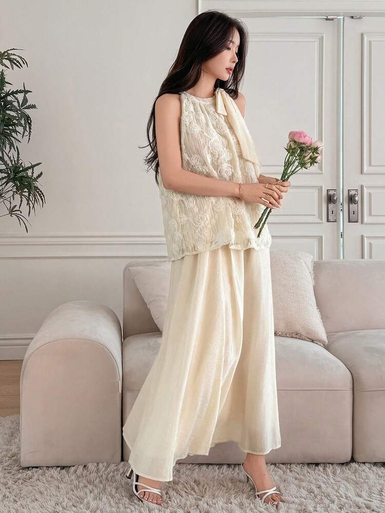 2pcs Women's Elegant Summer Floral Pattern Sleeveless Tied Top And Long Skirt Set, Lady Banquet Style