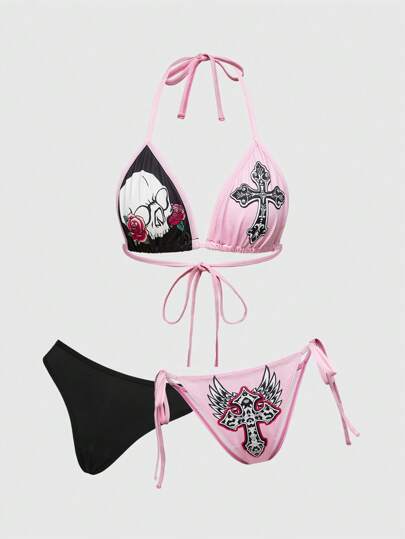 J-Fashion 3pcs Y2K Goth Rose Skull Cross Color Blocking Bikini Set, Wireless Lace-Up Sexy Women Lingerie Set