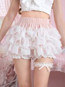 ROMWE Kawaii 女士夏季甜美撞色荷叶边短裤 - 淺粉色 - 查看 1