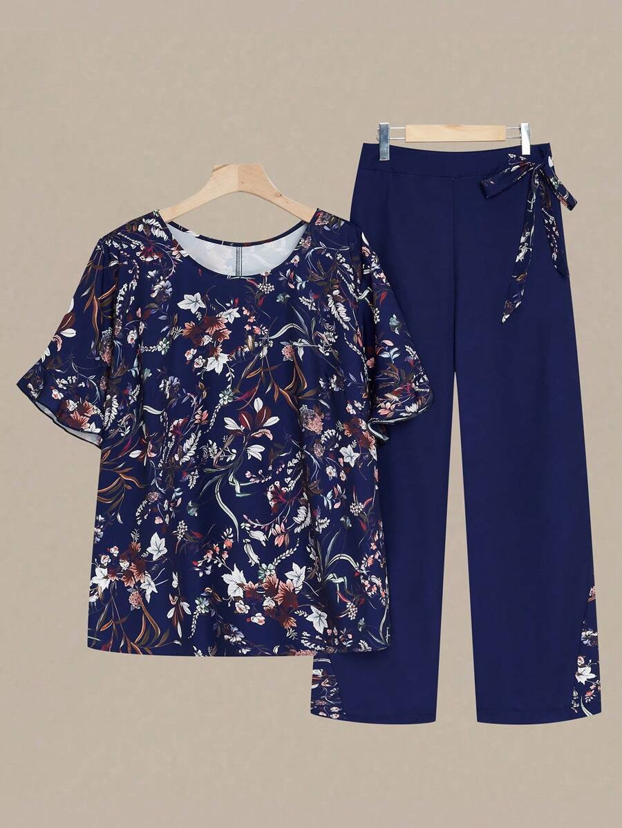Linhara 大码女式热销波西米亚印花圆领短袖上衣和撞色口袋长裤两件套休闲套装，适合度假海滩、春夏季 - 藏蓝色 - 查看 1
