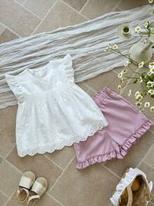 SHEIN Vintaside Kids Modisches Mädchen Sommer Set mit rundem Kragen weißem Ärmellos-Top und passendem minimalistischen rosa Shorts