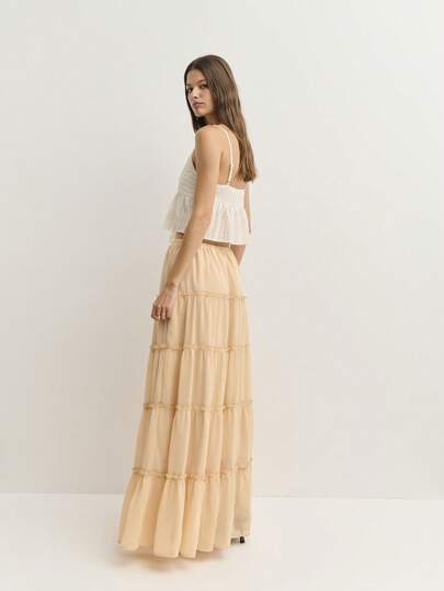 Nöista Falda larga sólida con nudo y volantes, inspirada en el estilo vintage para primavera y verano casual, perfecta para la moda femenina.