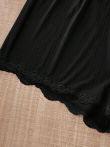 SHEIN Plus Size Women 3 Pieces Contrast Lace Spaghetti Strap Pajama Set, Outfits - Black - View 6