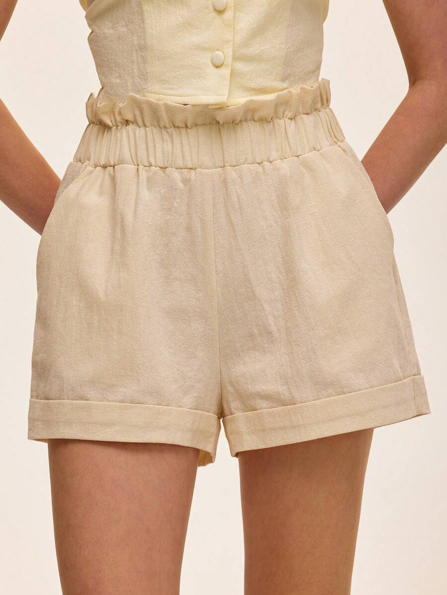 SHEIN ChicEase 女士夏季纯色高腰弹力腰荷叶边休闲短裤 - 卡其色 - 查看 1