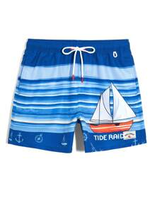 Surfspeed Men's Sailing Print Drawstring Waist Beach Shorts, Hawaiian - Multicolor - View 6