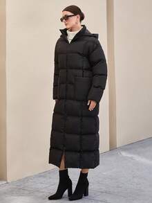 EURMUSE Women Hooded Extra Long Pocket And Zipper Detailed Black Winter Padded Coat Insulated Coat - Black - View 3
