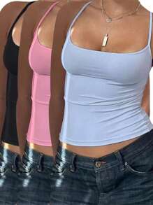 INAWLY 女士纯色褶皱修身吊带背心，夏季款 - 彩色 - 查看 2