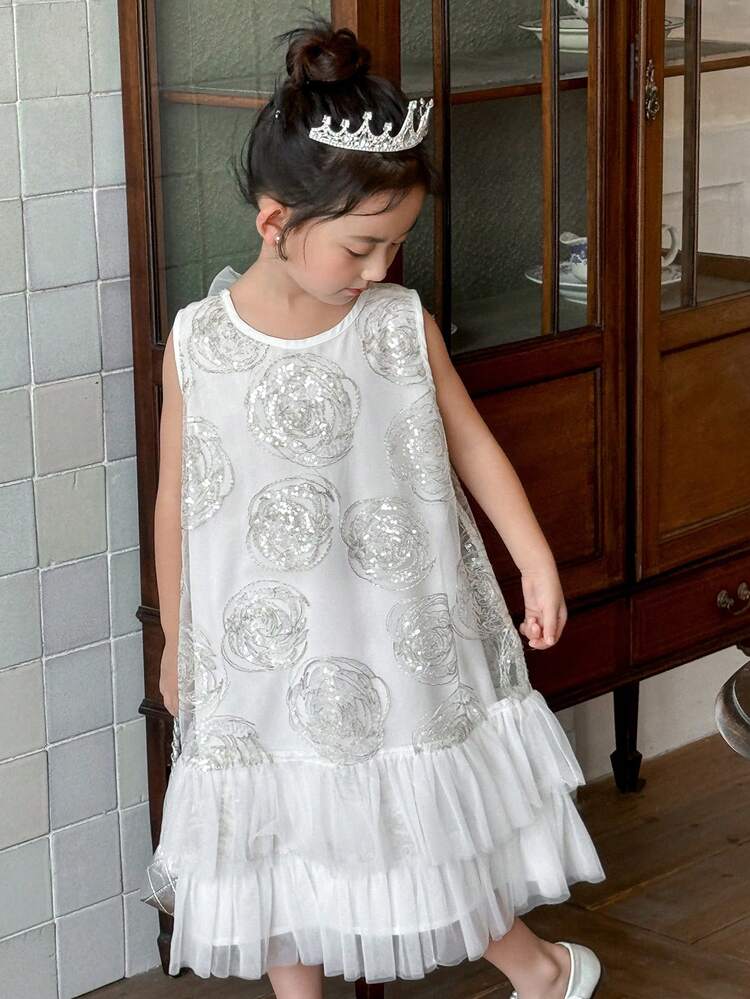 Young Girl Round Neck Sequin & Mesh Patchwork Party Birthday Dress, Girls Summer Outfits