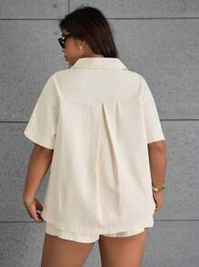 SHEIN ICON 大码休闲纯色短袖牛仔夹克 - 杏色 - 查看 2