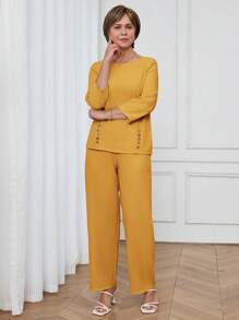 Miaspire 2 piezas Conjunto de blusa de manga larga con botones decorativos y pantalones de unicolor minimalista, conjunto casual de verano amarillo para mujer primavera-verano - Amarillo - Ver 4
