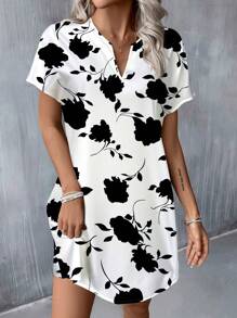 SHEIN LUNE 休闲简约白色花卉印花 V 领编织迷你连衣裙，适合春夏季