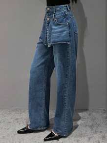 DAZY 女士仿牛仔二合一半裙，可叠穿长裤，四季皆宜的女士牛仔裤 - 中等水洗藍 - 查看 4